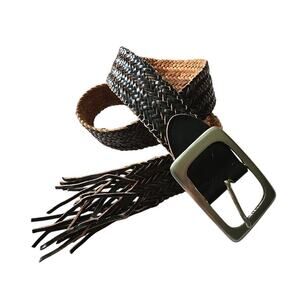 Women's Wide Braided Leather Belt Etched Silver Tone Buckle Woven Fringe